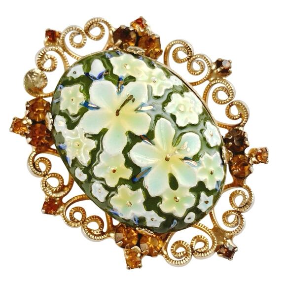 VTG Juliana D&E Brooch Signed Celebrity NY Enamel Porcelain Floral Gold Tone 60s - Picture 1 of 14